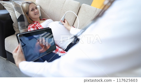 Doctor doing ultrasound of fetus to pregnant woman at home 117625603