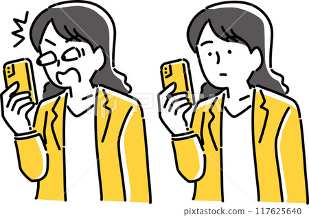一個女人驚訝地看到一部智能手機 117625640