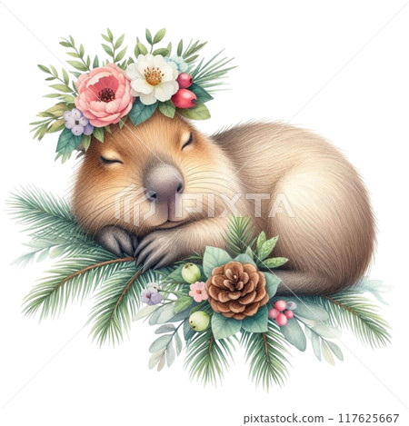 Cute Capybara sleeping on a pine branch Cute Capybara sleeping on a pine branch 117625667