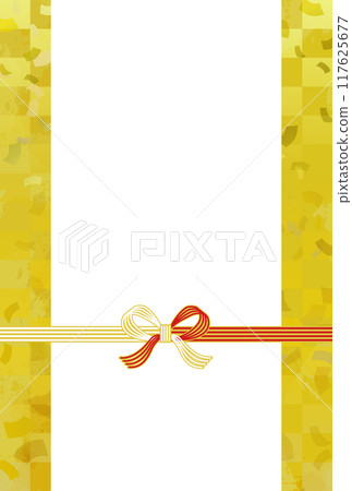 Gold Japanese paper and confetti, bow-knotted (hanamusubi) Mizuhiki, noshi (vector, vertical) 117625677