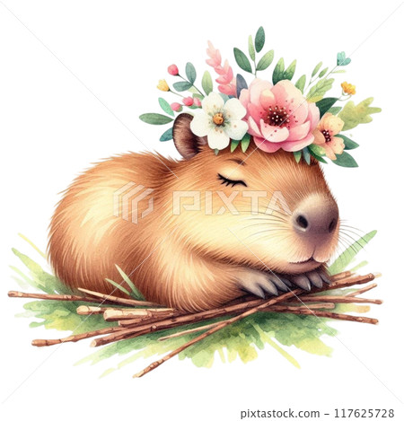 Cute Capybara sleeping in the grass 117625728
