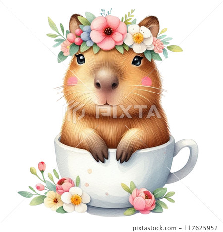 Cute Capybara standing on a coffee cup 117625952