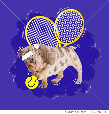 Poster. Contemporary artwork. Little purebred dog, dressed as sportsman playing with tennis ball and holding rackets. Cartoon art style. 117626191