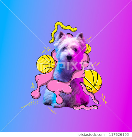 Poster. Contemporary artwork. Playful,white, fluffy Westie surrounded by neon splashes and basketballs. Cartoon art style. 117626193
