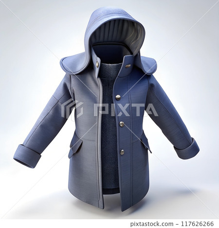 Winter coat with hood and front buttons, stylish blue design, warm clothing for winter fashion 117626266
