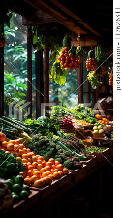 Asian food market, fresh vegetables and fruits - AI generated image 117626311