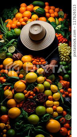 Asian food market, fresh vegetables and fruits - AI generated image 117626313