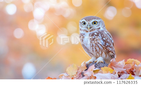 A spotted owl perched among colorful autumn leaves in a serene park at sunset A spotted owl perched among colorful autumn leaves in a serene park at sunset 117626335