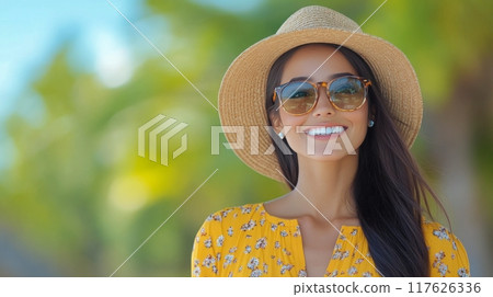 Smiling woman in a yellow dress and straw hat in a golden field at sunset 117626336
