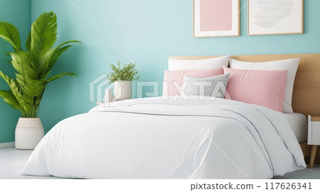 Cozy bedroom with decorative pillows and indoor plants in a bright setting 117626341