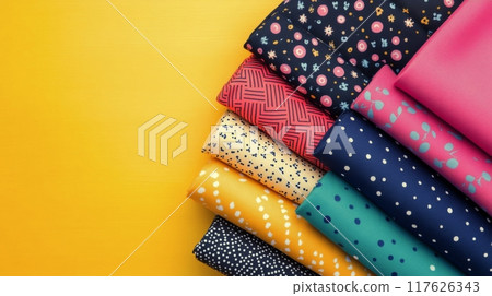 Colorful rolled fabrics on a bright yellow background arranged artistically 117626343
