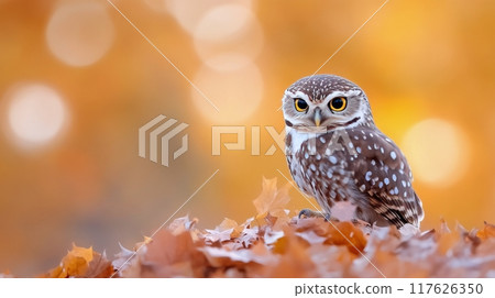 A spotted owl perched among colorful autumn leaves in a serene park at sunset A spotted owl perched among colorful autumn leaves in a serene park at sunset 117626350