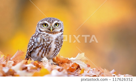 A spotted owl perched among colorful autumn leaves in a serene park at sunset A spotted owl perched among colorful autumn leaves in a serene park at sunset 117626352