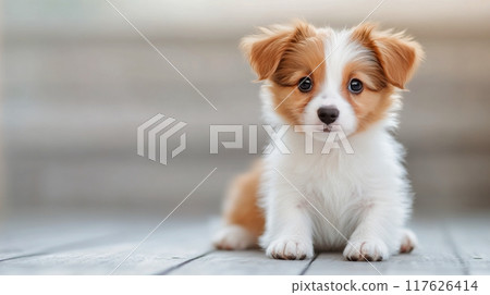 Cute puppy lying on wooden floor in brightly lit room, showcasing playful demeanor 117626414