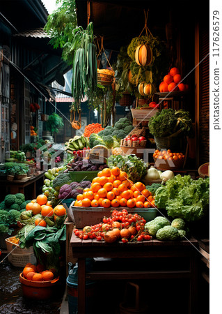 Asian food market, fresh vegetables and fruits - AI generated image 117626579