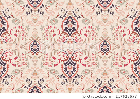 Ikat tribal Indian seamless pattern. Ethnic Aztec fabric carpet mandala ornament native boho chevron textile.Geometric African American oriental traditional vector illustrations. Embroidery style. 117626658