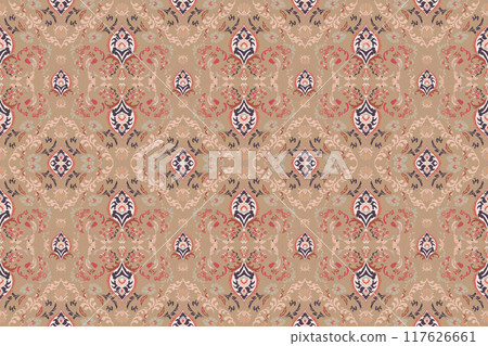 Ikat tribal Indian seamless pattern. Ethnic Aztec fabric carpet mandala ornament native boho chevron textile.Geometric African American oriental traditional vector illustrations. Embroidery style. 117626661