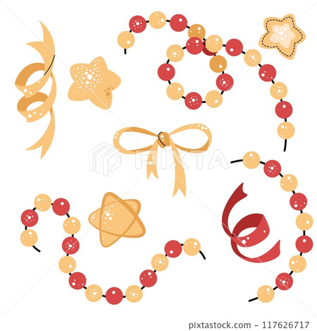 Set of Christmas garlands, bows, decorations on a white background. Vector Christmas illustration in a flat style. Suitable for stickers, prints and design. 117626717