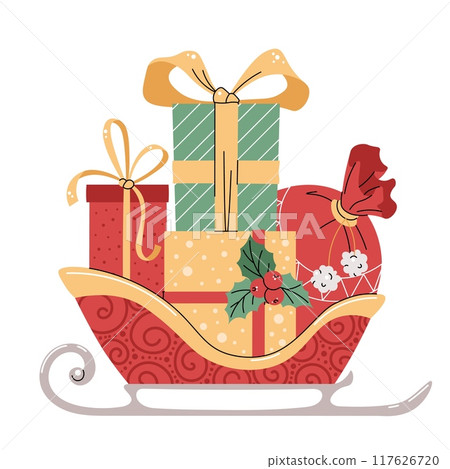 Santa Claus sleigh with gifts on white background. Vector Christmas illustration in flat style. Suitable for stickers, prints and design. Santa Claus sleigh with gifts on white background. Vector Christmas illustration in flat style. Suitable for stickers, prints and design. 117626720