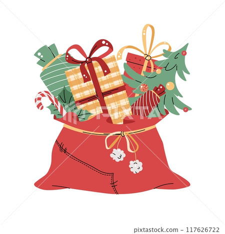 Christmas bag with gifts on isolated background.. Santa Claus s open red sack full of gifts. Isolated on white vector cartoon illustration Christmas bag with gifts on isolated background.. Santa Claus s open red sack full of gifts. Isolated on white vector cartoon illustration 117626722