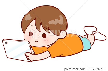 男孩在平板電腦上看視頻 117626768