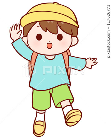 Elementary school boy walking with his hand raised 117626773