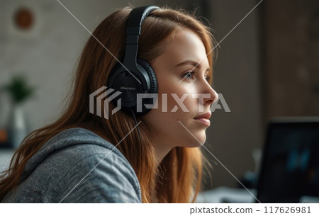 Busy young Indian woman wearing headphones working on laptop, looking at screen, making video call, engaged in conference, focused student listening to lecture, learning language online 117626981