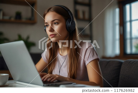 Busy young Indian woman wearing headphones working on laptop, looking at screen, making video call, engaged in conference, focused student listening to lecture, learning language online 117626982