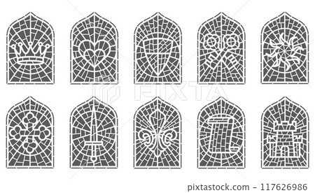 Church glass windows. Gothic vector arch frame with medieval symbols. Vintage architecture elements. Stained mosaic decoration set with crown, heart, shield and sword Church glass windows. Gothic vector arch frame with medieval symbols. Vintage architecture elements. Stained mosaic decoration set with crown, heart, shield and sword 117626986