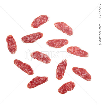 slices of salami isolated on white background slices of salami isolated on white background 117627217