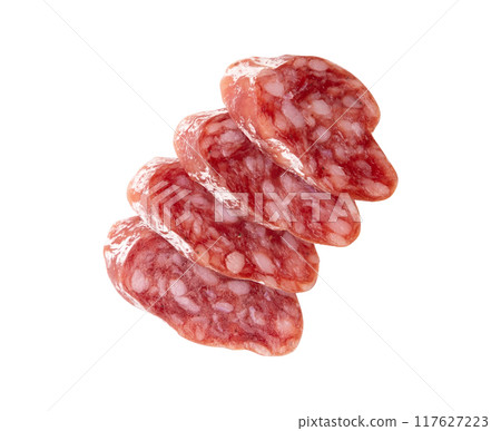 slices of salami isolated on white background 117627223