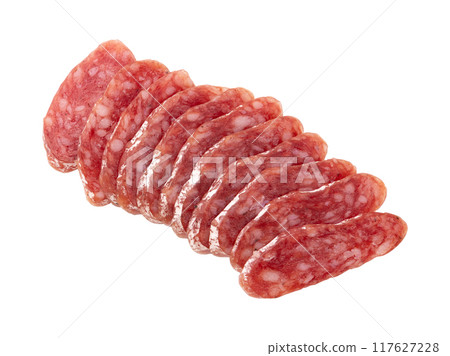 slices of salami isolated on white background 117627228