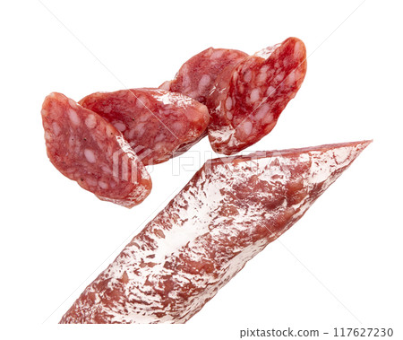 slices of salami isolated on white background slices of salami isolated on white background 117627230