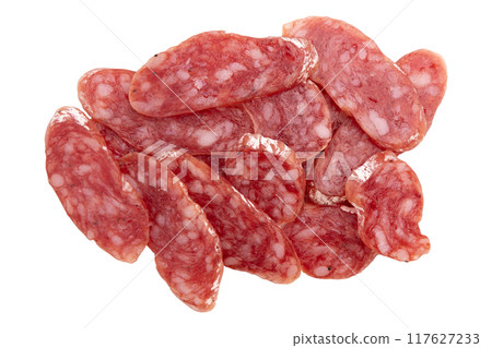slices of salami isolated on white background slices of salami isolated on white background 117627233