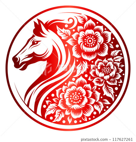 Year of the horse zodiac Round sign or symbol. hand drawn of horse and floral vector illustration. Translation : Horse 117627261