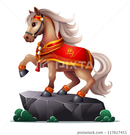Year of the horse Chinese zodiac signs, with cute 3D colorful Year of the horse Chinese zodiac signs, with cute 3D colorful Horse illustration wearing Chinese ornaments. 117627451