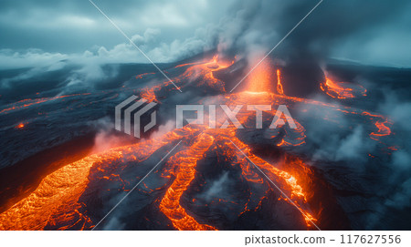 Swirling ash particles above a vibrant volcanic landscape during an eruption. Generative AI 117627556