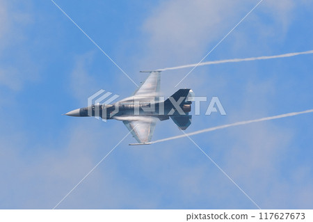 A circling Air Self-Defense Force F-2A fighter jet 117627673