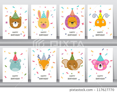 Set of children's birthday greeting cards .Cute animals design.poster,template,greeting cards,Vector illustrations. 117627770