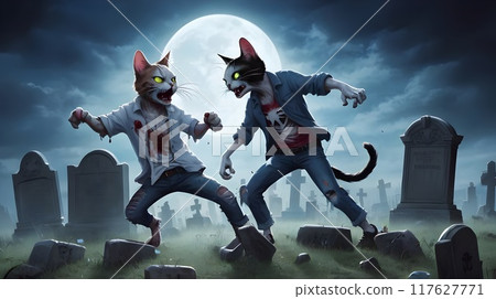 two zombie cats in a spooky old cemetery at dusk 117627771