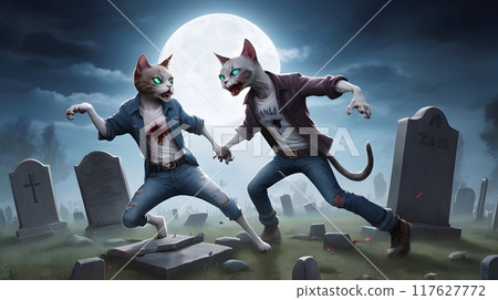 eerie illustration of zombie cats in a twilight graveyard 117627772