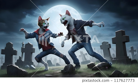 two undead cats haunting an old graveyard at dusk 117627773