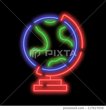 Neon glowing school globe on stand. Studying geography at school. Planet earth model for training. Glowing neon icon isolated on black background 117627839