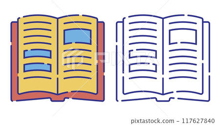 Thin line stroked color icon. Open book. Education at school, knowledge acquisition in library. Simple vector isolated on white background Thin line stroked color icon. Open book. Education at school, knowledge acquisition in library. Simple vector isolated on white background 117627840