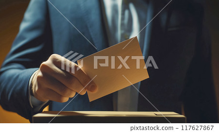 Voting scene with focus on hand holding ballot 117627867