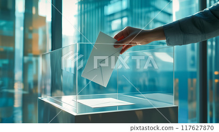 Voting scene with focus on hand holding ballot 117627870