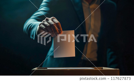 Voting scene with focus on hand holding ballot 117627873