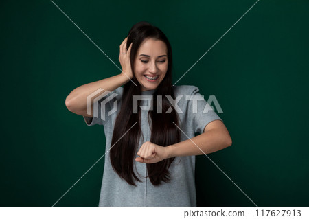 Smiling Woman With Long Hair Touching Hair Smiling Woman With Long Hair Touching Hair 117627913