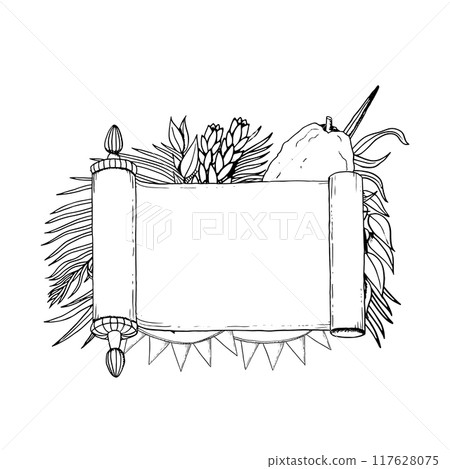 Sukkot horizontal banner tempate with blank Torah scroll and holiday symbols black and white vector illustration. Four species etrog fruit, hadass, lulav, aravah, myrtle and willow with palm leaves Sukkot horizontal banner tempate with blank Torah scroll and holiday symbols black and white vector illustration. Four species etrog fruit, hadass, lulav, aravah, myrtle and willow with palm leaves 117628075