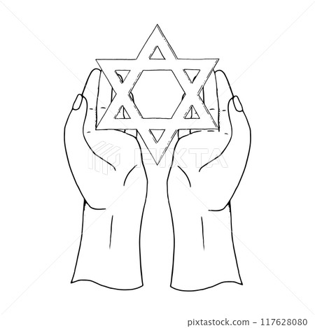 Star of David holding in hands in 7th of October commemoration line vector illustration in black and white. Jewish faith symbol for Judaism religious designs Star of David holding in hands in 7th of October commemoration line vector illustration in black and white. Jewish faith symbol for Judaism religious designs 117628080